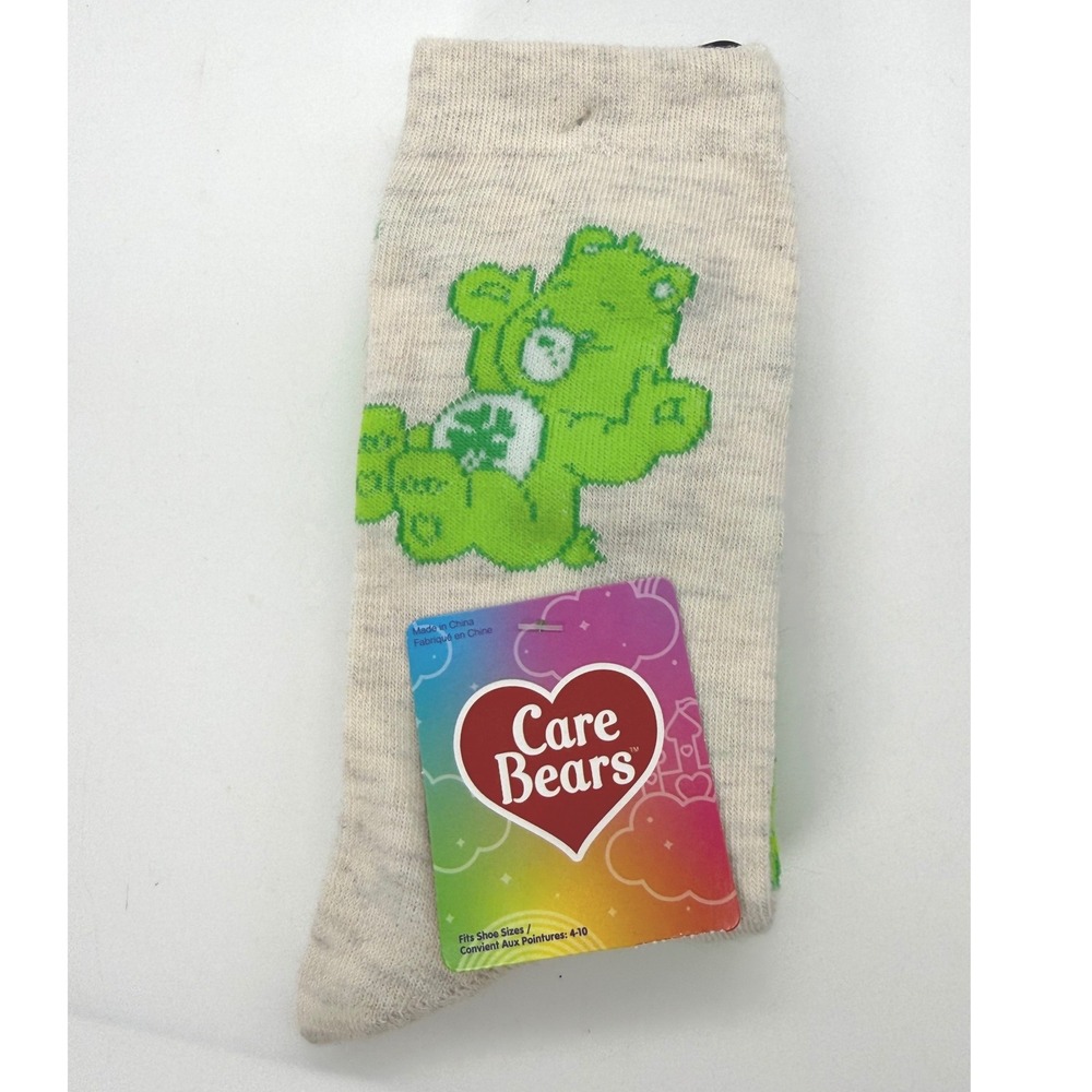 Care Bears Good Luck Bear Crew Socks Oatmeal Green Shamrock Shoe Size 4-10‎ NEW